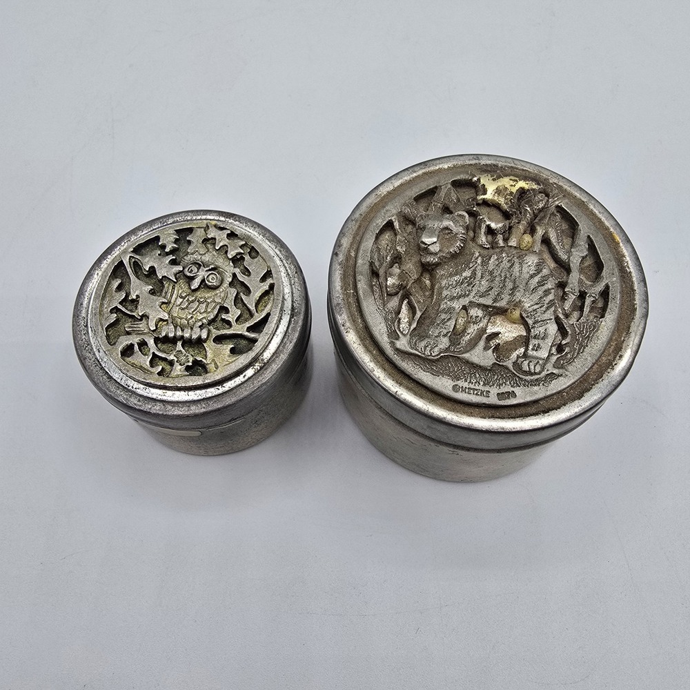 1970s Metzke Pewter Round Panther Lioness Owl Tiger Trinket‎ Tin Box Small AS IS